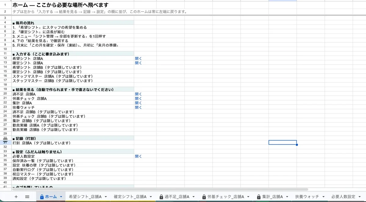 必要なシートへ移動できるホーム画面。デモ用データを使用。